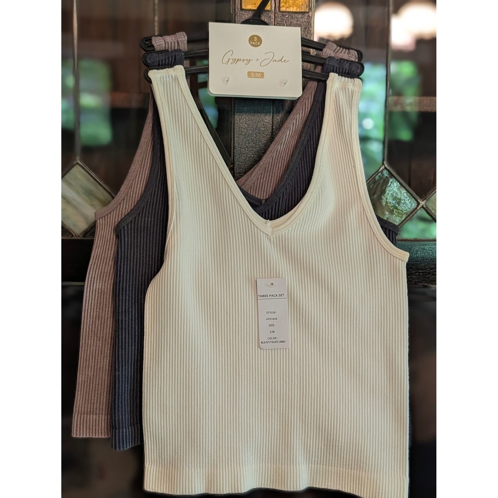 3 Pack Seamless Ribbed V-Neck Tank Tops charcoal white taupe S/M layering pieces